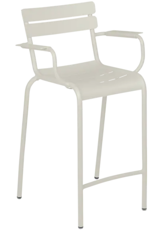 Fermob Luxembourg high armchair bar chair in Cley Grey with high armrests, modern design, and sturdy metal frame.