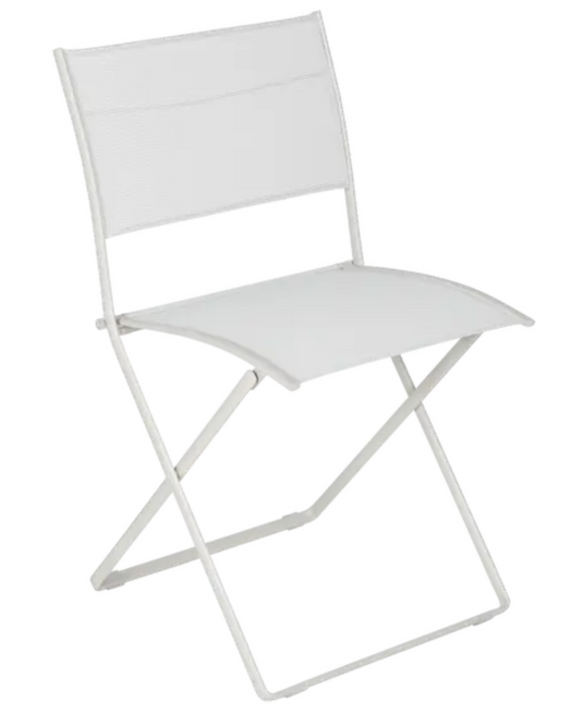 Fermob Plein Air folding chair in gray, outdoor furniture with a lightweight, portable design and metal frame.