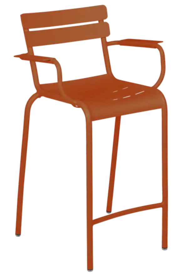 Load image into Gallery viewer, Orange Fermob Luxembourg high armchair bar chair with a modern design and high armrests, suitable for stylish indoor or outdoor seating.
