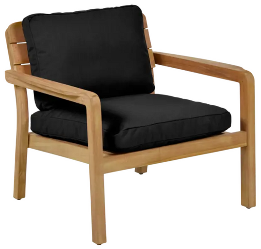 Lodge Fermob outdoor teak armchair with low armrests, ideal for hotel terrace seating, featuring sleek design and durable teak wood.