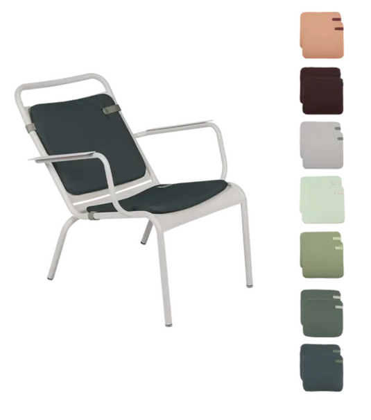Set of two Fermob Color Mix outdoor cushions, 41 x 45 cm, with vibrant multicolor fabric for outdoor seating comfort.