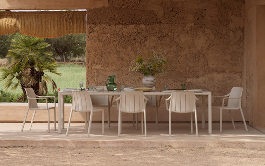 Nardi Tevere 210 extendable outdoor table with a wooden top and metal frame, ideal for garden or patio dining.
