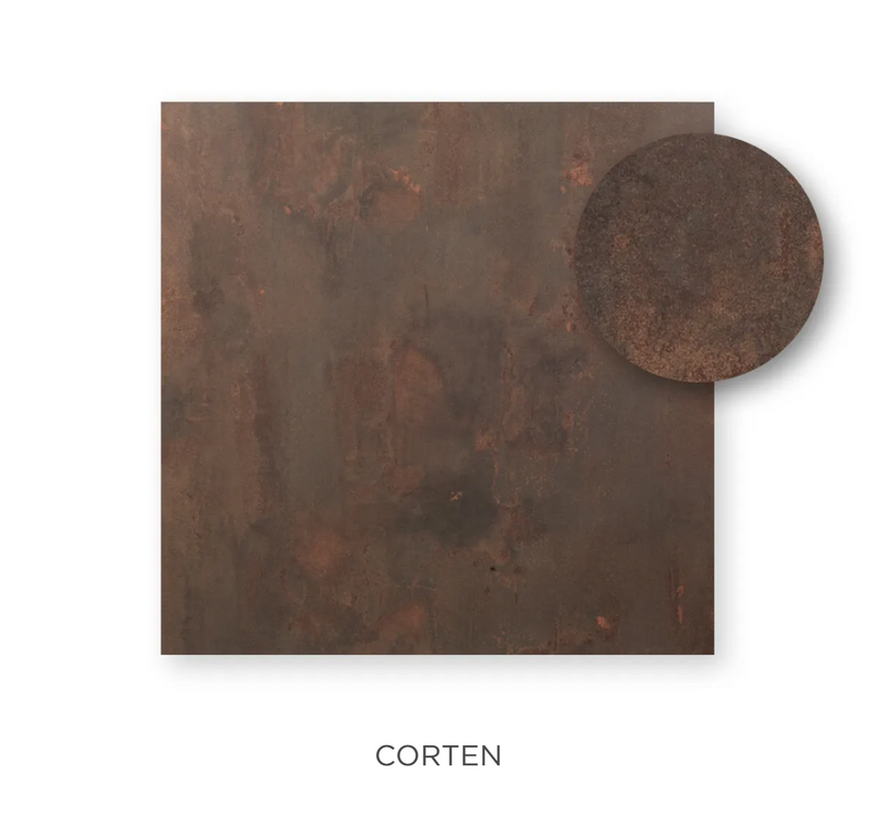Load image into Gallery viewer, Square Corten laminate table top by Custom Wood Designs, suitable for restaurant or outdoor use, 60x60 to 100x100 cm.
