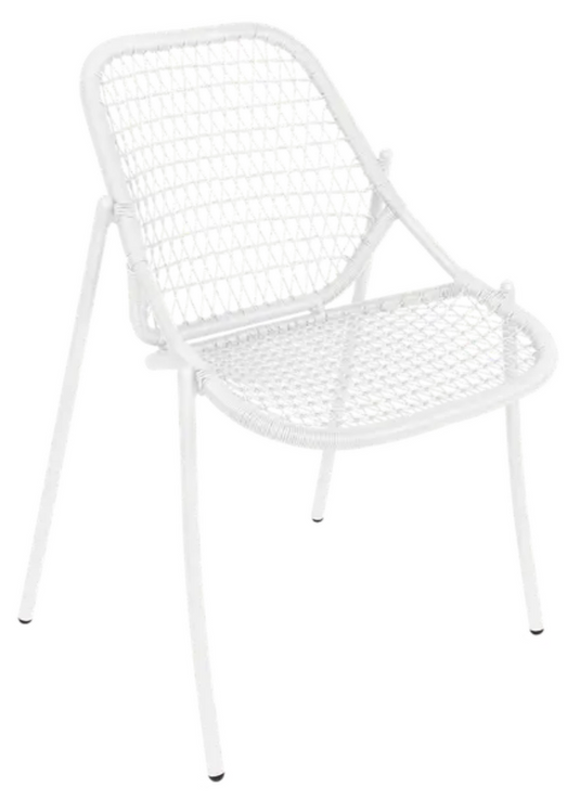 White knitted Sixties stackable outdoor chair by Fermob, featuring a modern design and comfortable seating.