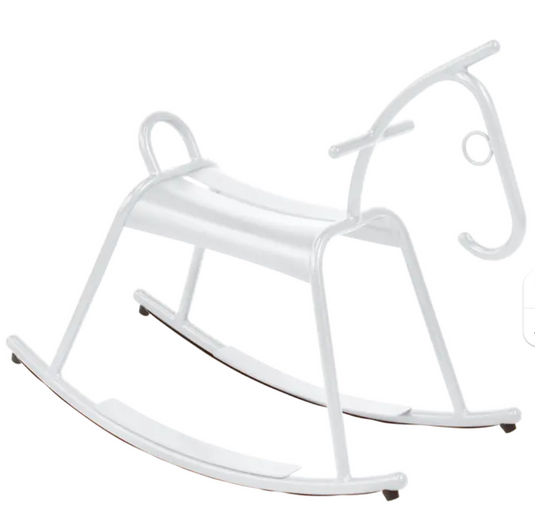 Cotton white Fermob ADADA rocking horse for kids' restaurant waiting area, made of durable wood with a smooth finish.