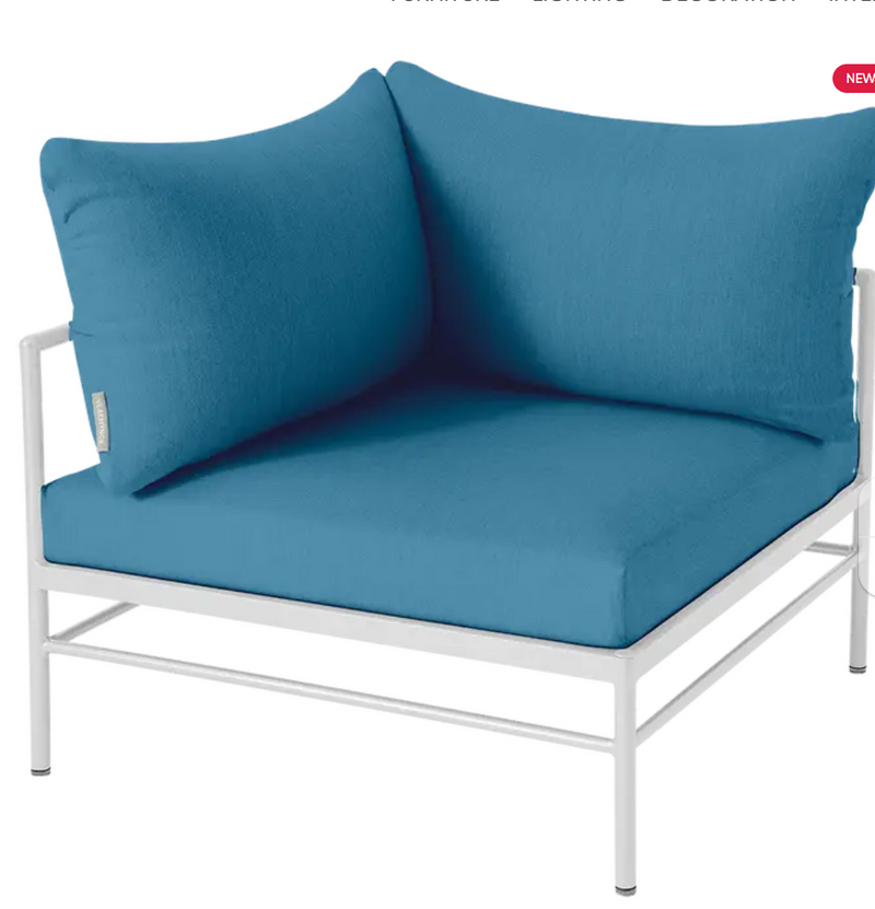 Load image into Gallery viewer, Cotton white and Adriatic blue Rivage corner armchair by Fermob, outdoor metal corner sofa with plush cushions and modern design.
