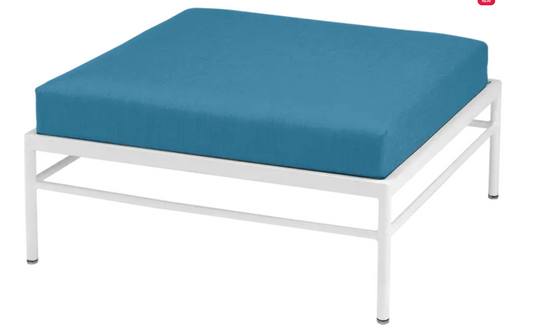 Cotton white and Adriatic blue Rivage outdoor ottoman by Fermob, metal frame, stylish lounge footstool for outdoor spaces.