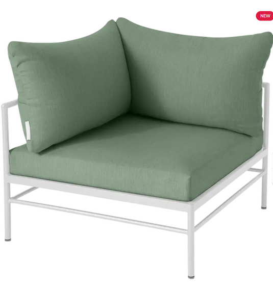White cotton-colored Rivage Corner Armchair from Fermob, a stylish metal outdoor sofa with a modern design.