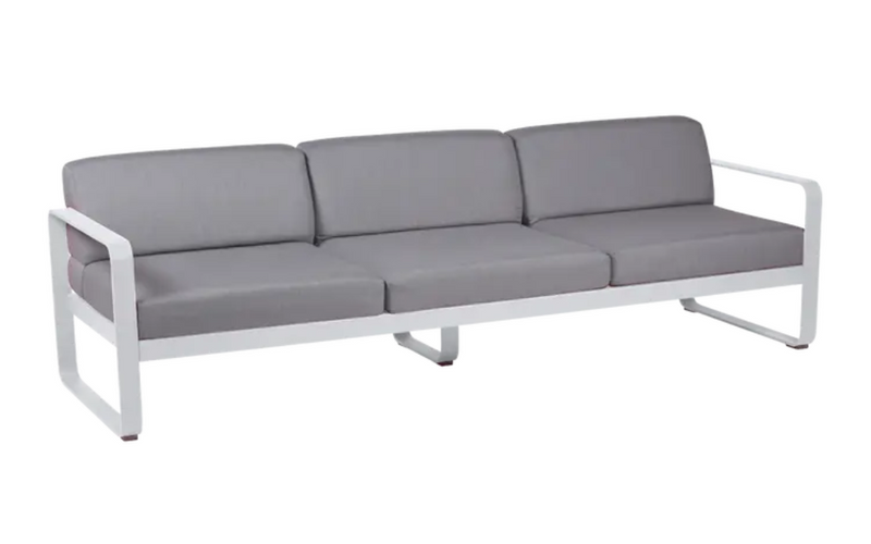Load image into Gallery viewer, Bellevie 3-seater outdoor sofa by Fermob with a white cotton-flannel cushion, metal frame, ideal for garden or patio seating.
