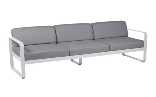 Bellevie 3-seater outdoor sofa by Fermob with a white cotton-flannel cushion, metal frame, ideal for garden or patio seating.