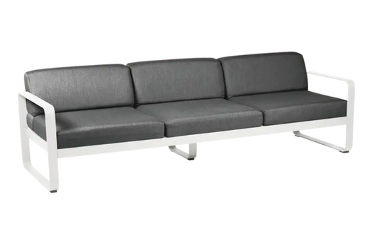 Fermob Bellevie 3-seater outdoor sofa with white cotton and graphite grey metal frame, stylish garden furniture.