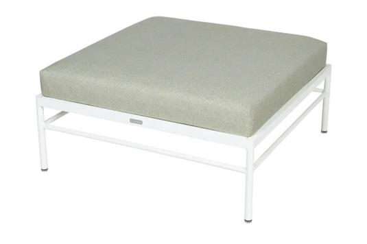 Cotton white and meadow green Rivage Ottoman by Fermob, outdoor metal lounge footstool with aluminum frame.