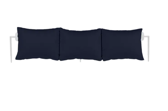 Cotton white and midnight blue Rivage backrest for Fermob outdoor sunlounger converting to bench, metal accessory for outdoor furniture.