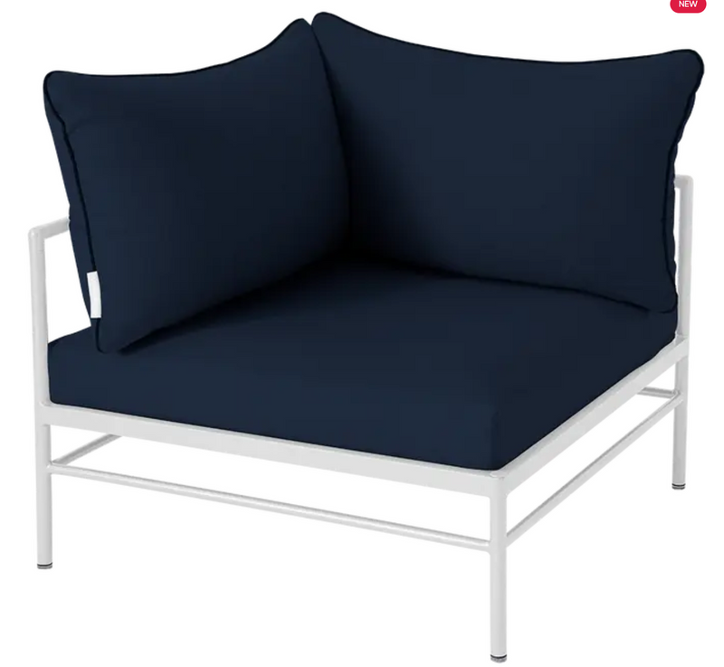 Load image into Gallery viewer, Cotton white and midnight blue Fermob Rivage corner outdoor sofa armchair with metal frame and plush cushions.
