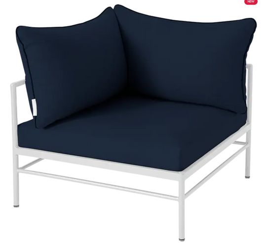 Cotton white and midnight blue Fermob Rivage corner outdoor sofa armchair with metal frame and plush cushions.