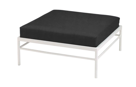 Cotton white and midnight grey Fermob Rivage outdoor ottoman with aluminum frame, stylish metal lounge footstool for outdoor use.