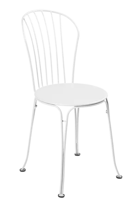 Cotton white Fermob OPÉRA+ outdoor metal chair with a sleek design, perfect for patio or restaurant seating.