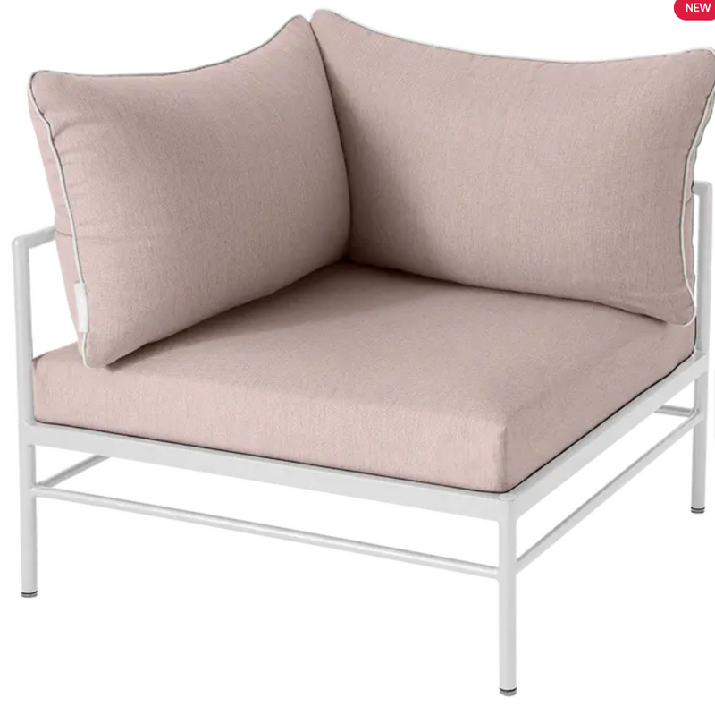 Load image into Gallery viewer, Cotton white Fermob Rivage corner outdoor armchair with metal frame and plush cushions, designed for comfortable patio seating.

