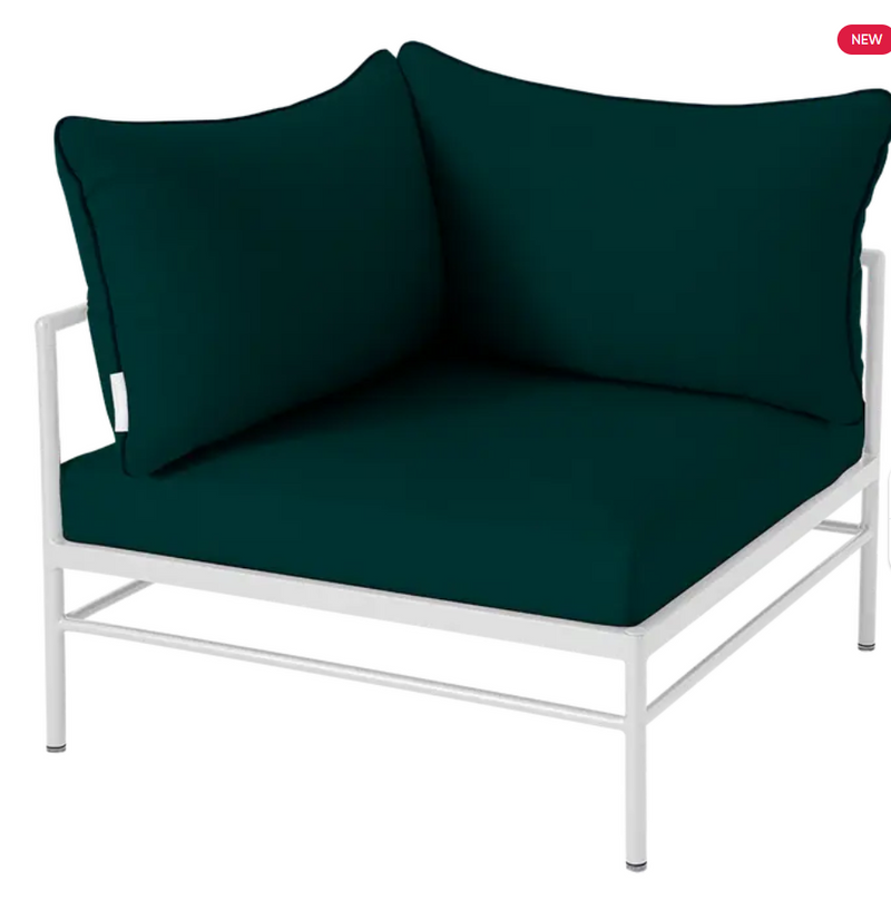 Load image into Gallery viewer, Fermob Rivage corner outdoor armchair with cotton white and peacock green metal frame, designed for stylish outdoor seating.
