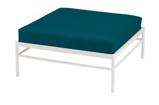 Cotton white and peacock green Fermob Rivage outdoor ottoman with metal frame, stylish lounge footstool for garden or patio.