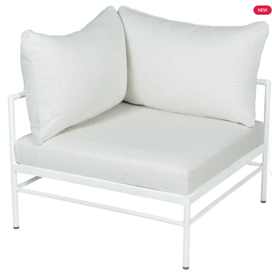 Cotton white pearl Rivage corner outdoor armchair by Fermob with metal frame and plush cushions for comfortable outdoor seating.