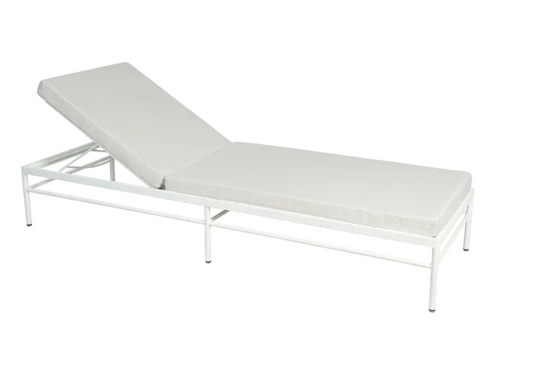 Cotton white pearl Fermob Rivage luxury metal sunlounger with sleek design and adjustable backrest, outdoor furniture for relaxation.