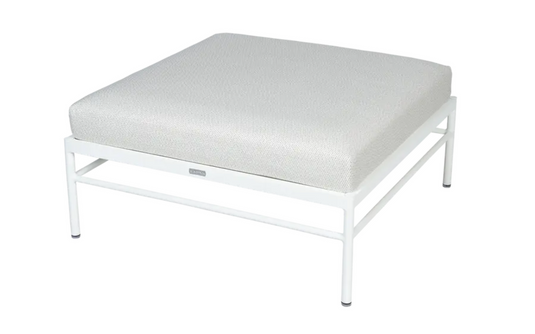 Cotton white Rivage Ottoman by Fermob, outdoor metal lounge footstool with aluminium frame, suitable for garden or patio seating.