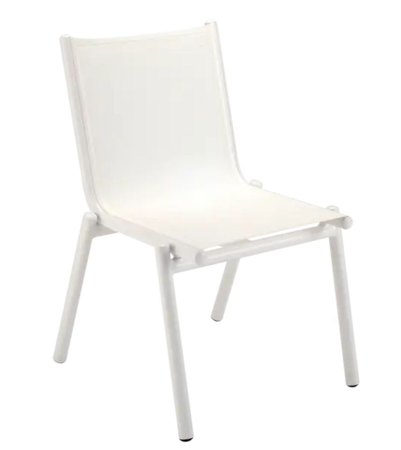 Cotton white Fermob Pilotis V Batyline outdoor chair with a modern design and curved armrests for outdoor seating.