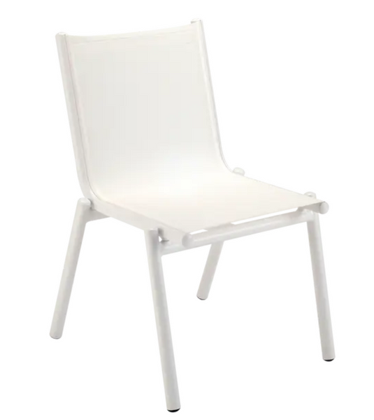 Cotton white Fermob Pilotis V Batyline outdoor chair with a modern design and curved armrests for outdoor seating.