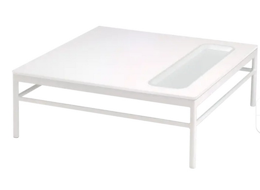 Fermob Rivage outdoor metal low table in cotton white, 85x85cm, featuring a sleek, minimal design for outdoor patio settings.