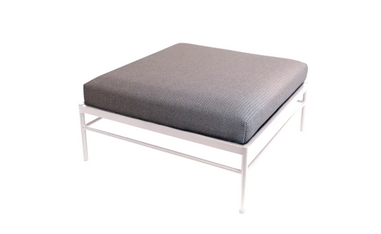 Cotton white Rivage Ottoman by Fermob, outdoor metal lounge footstool with aluminium frame and Straciatella design.