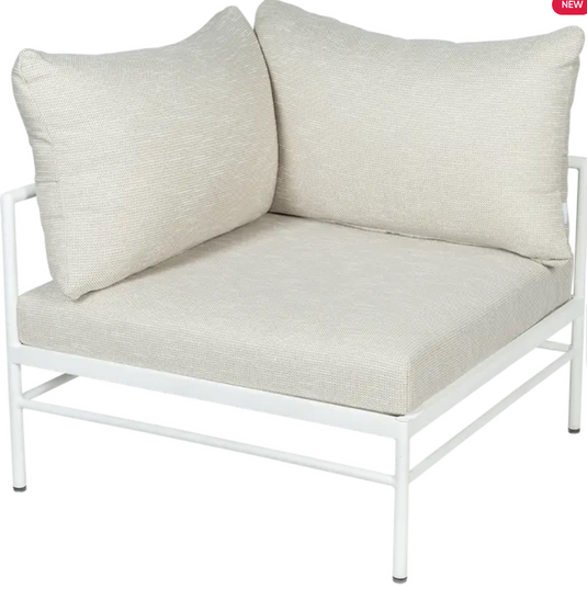 Cotton white wicker Rivage corner armchair from Fermob outdoor metal sofa collection, designed for comfortable patio seating.
