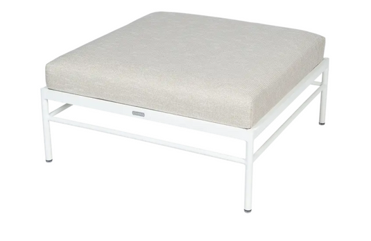 Cotton white wicker Rivage Ottoman by Fermob, outdoor metal furniture with aluminum frame for relaxing lounge use.