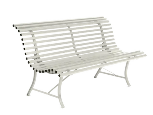 Louisiane 150cm outdoor folding bench by Fermob, with a white cotton fabric seat and steel frame, suitable for outdoor use.