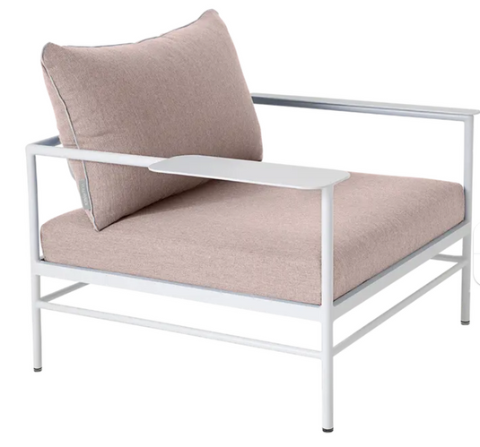 Fermob Rivage outdoor low armchair in white metal with a woven seat, ideal for garden furniture and outdoor relaxation.