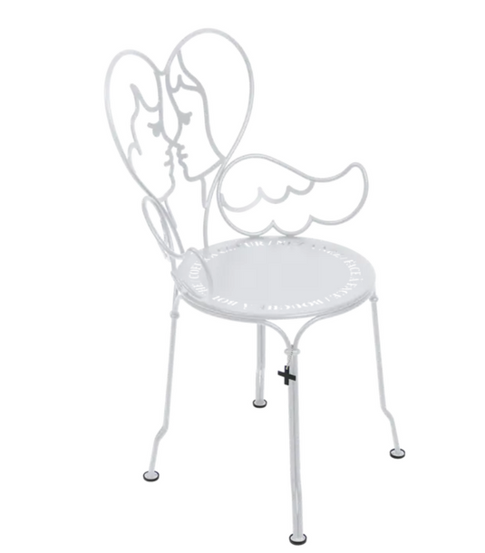 White Fermob ANGE metal chair with a sleek, modern design, suitable for outdoor furniture settings.