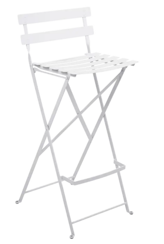 White Fermob Bistro high bar stool with a foldable design, suitable for outdoor dining and casual seating.