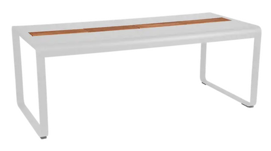 Fermob Bellevie outdoor dining table in cotton white wood and metal, 196x90cm, with storage, eight-seater for garden or patio.
