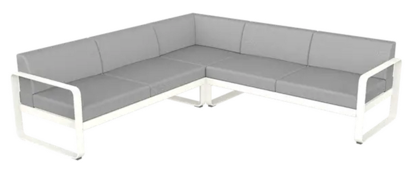 Load image into Gallery viewer, Fermob Bellevie Composition 2 outdoor lounge set with white cotton and grey flannel cushions on a modern sofa.
