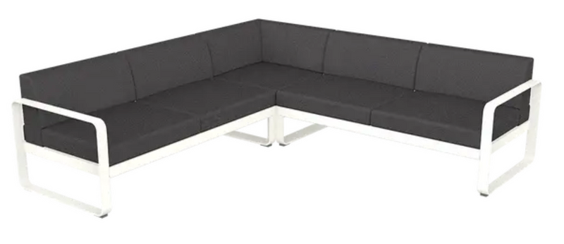 Load image into Gallery viewer, Fermob Bellevie Composition 2 outdoor lounge set with white cotton cushions and graphite grey modular sofa for stylish outdoor seating.
