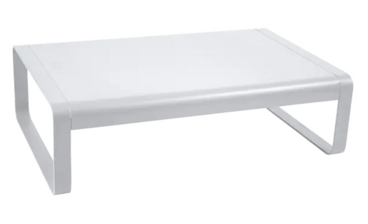 White Fermob Bellevie low lounge table, 103x75 cm, outdoor metal coffee table with a sleek, modern design.