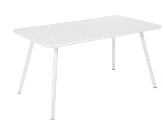 Cotton white Fermob Luxembourg outdoor bar table measuring 143x80 cm, suitable for patio and outdoor dining spaces.