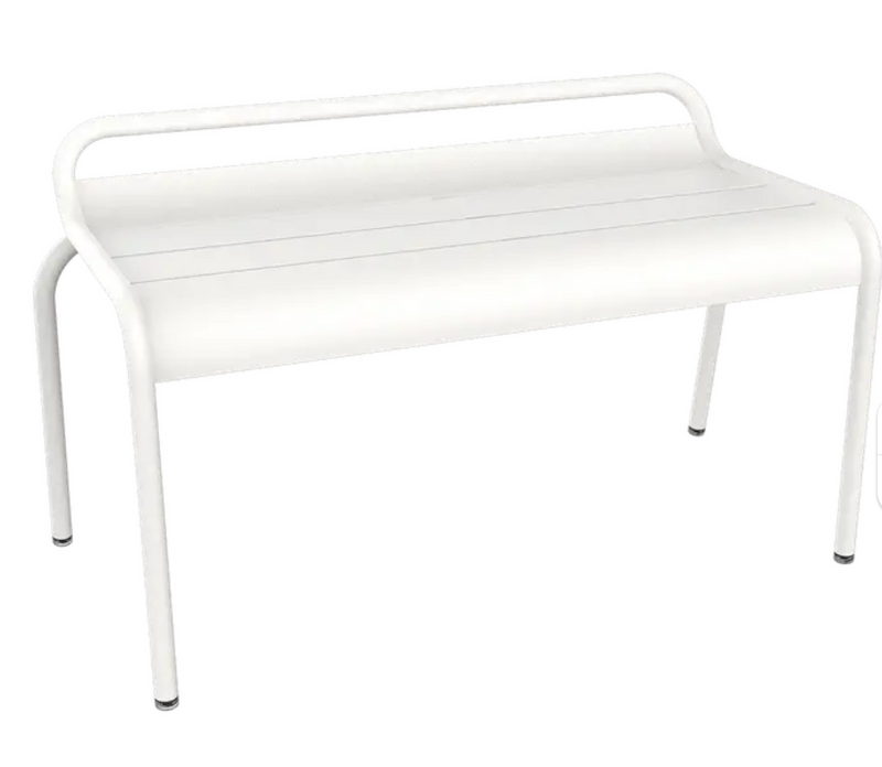 Load image into Gallery viewer, Cotton white Fermob Luxembourg stackable outdoor bench, 90 cm, metal design, suitable for garden or patio seating.
