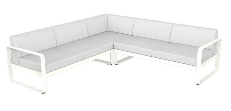 Load image into Gallery viewer, Fermob Bellevie outdoor lounge set with white cotton cushions and modular sofa pieces in a stylish outdoor setting
