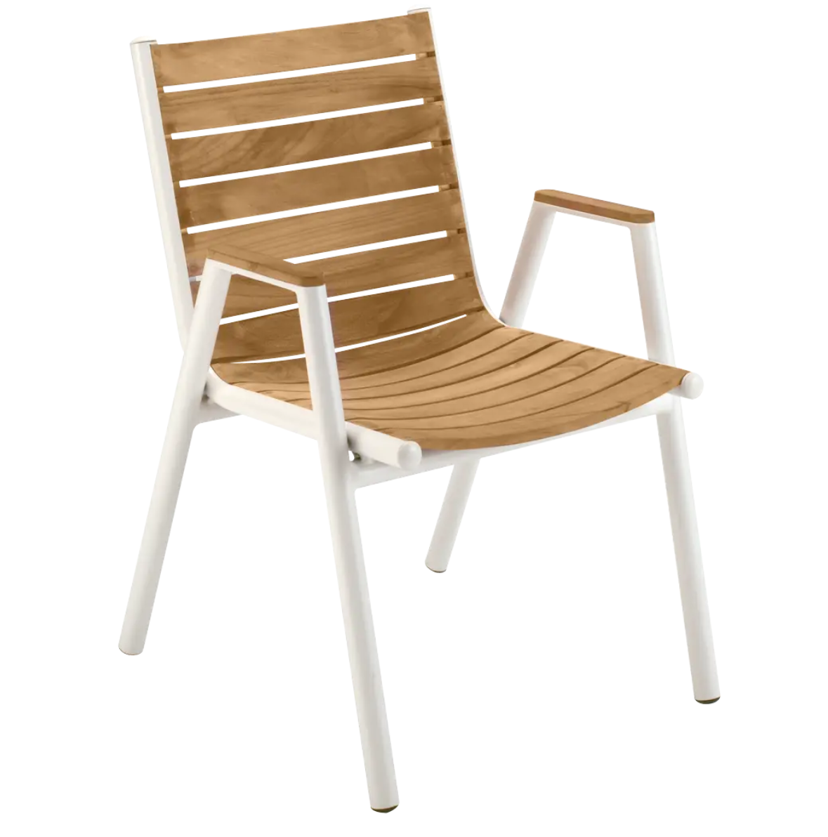 White cotton Pilotis teak armchair by Fermob featuring a stylish, modern design with a teak frame for outdoor furniture.