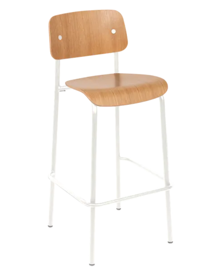 Load image into Gallery viewer, White cotton cushion on Studie Oak Bar Chair H75 by Custom Wood Designs, a high wooden bar chair with oak finish and modern design.
