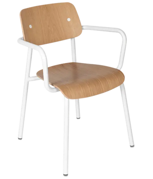 Cotton white Fermob Studie oak outdoor armchair with sleek modern design, suitable for outdoor seating or office meeting spaces.