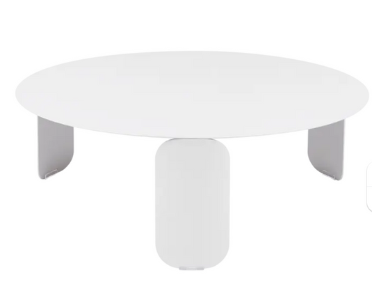 Fermob Bebop low outdoor table with 80cm diameter, round cotton white top, and anthracite finish for outdoor patio use.