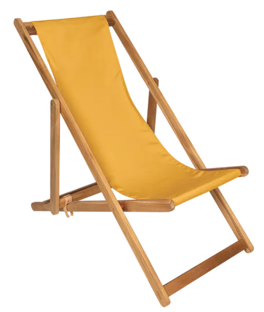 Fermob IBIZA teak deck chair in curry color, showing a stylish outdoor lounge chair with slatted wooden seat and backrest.