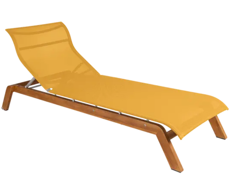 Load image into Gallery viewer, Fermob Maui teak sunlounger with a yellow Batyline cushion and sturdy teak base, outdoor furniture perfect for lounging.
